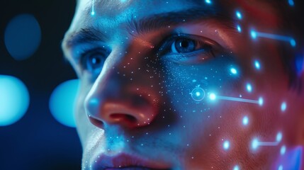 A handsome young Caucasian man is identified through biometric scanning. A futuristic concept can be seen by the projector illuminating a face with dots and scanning it with a laser.