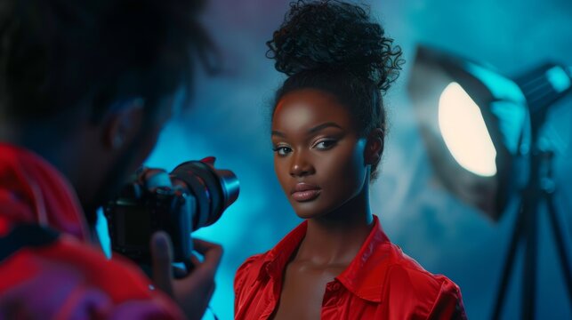 Photograph of a beautiful black model posing in front of a professional camera. She plays with facial expressions. Fashion Magazine Photo Shoot in a Studio.