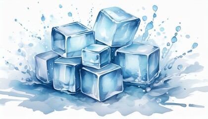 Watercolor isolated illustrations of ice cubes