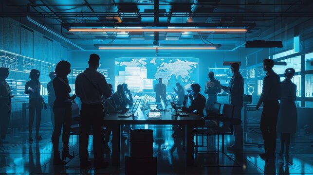 Meeting of engineers in Technology Research Laboratory: Engineers, Scientists, and Developers meeting around an illuminated conference table to discuss industrial engine designs and come up with