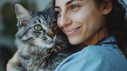 Caring Veterinarian Providing Gentle Medical Treatment to Beloved Feline Companion in Clinic Setting