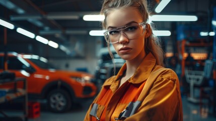 Fototapeta premium Female Car Mechanic Poses in a Service. She Wears Safety Glasses and Smiles at the Camera.