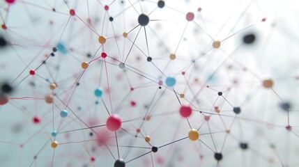 A visually captivating abstract representation of a network with interconnected dots and lines in varying shades of red, blue, and yellow against a soft-focus white background.
