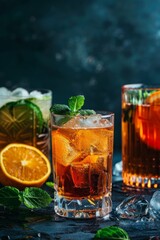 Drink menu inspiration: Vibrant cocktail creations on a dark slightly fuzzy background