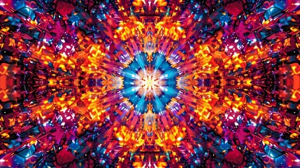 Kaleidoscopic Explosion of Psychedelic Colors and Symmetrical Patterns Bursting with Vibrant Digital Visuals and Abstract Imagination