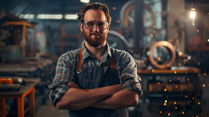 A young professional fabricator in work clothes smiles gently at the camera with crossed arms. An authentic artist wearing work clothes in a metal workshop. Sparks are flying.