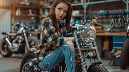 Young Authentic Female Mechanic posing on a Custom Bobber Motorbike and holding Ratchet and Spanner. Talented Girl Wearing a Checkered Shirt. Garage Workshop.