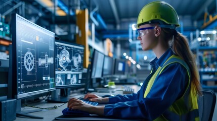 The beautiful female engineer was working on a computer in a high-tech industrial factory, modelling heavy industry high tech mechanisms using CAD software. A side view shot was taken to show the