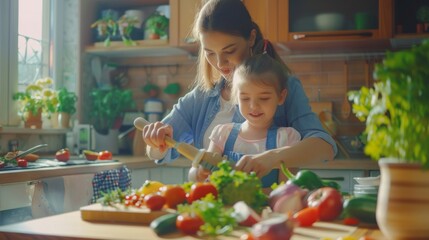 Mom teaches her little daughter healthy habits while preparing healthy dinner. Cute child helping her loving parents.