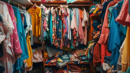 A closet full of clothes with a lot of colors and patterns