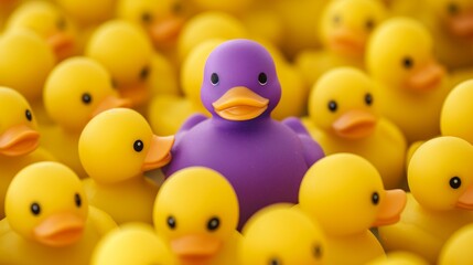 Unique Purple Toy Duck Among Many Yellow Rubber Ducks Standing Out