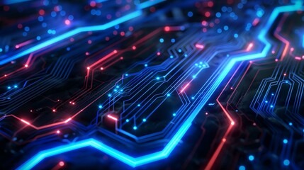 Futuristic Circuit Board with Flowing Blue and Red Neon Lines