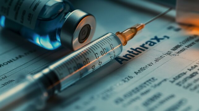 Close-Up of Syringe and Medical Vial for Anthrax Vaccine on Document