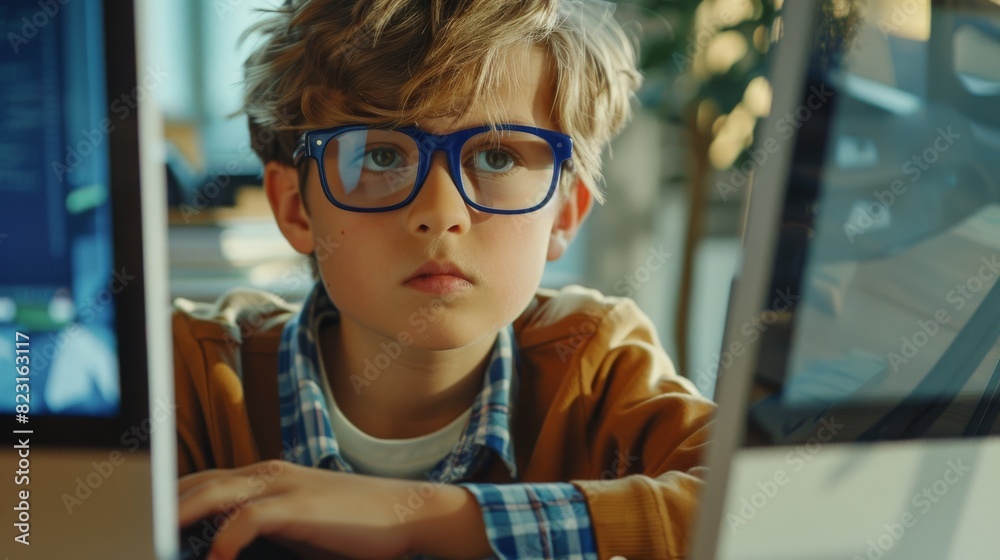 Poster children getting modern education, smart boy uses personal computer, learning how to use internet sa