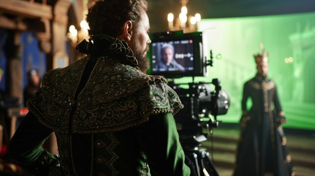 An actor wears Renaissance costumes in a CGI scene with green screen. The crew is filming a high budget film. A side-view is shown.
