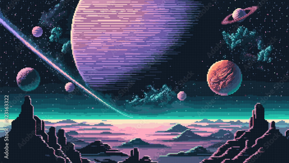 Wall mural generative ai purple or violet space planet surface and galaxy landscape. 8bit pixel art game scene,