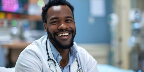 Fototapeta premium A joyful African American patient receives positive news in a hospital room. Concept Healthcare, African American, Joy, Positivity, Hospital Room