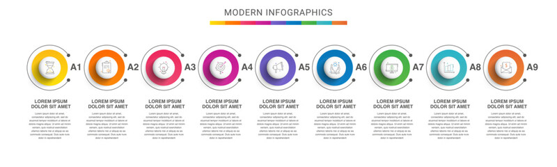 Modern infographics vector template. Cyclic infographic with nine circles. Timeline design template with 9 options, steps, and parts. Flat illustration for business.