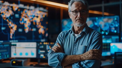Defiant Senior Male Project Leader Standing with Crossed Arms. He looks at Camera and Smiles. Control Monitoring Room with a Global Map on Big Screen.