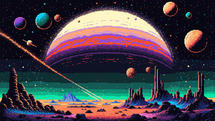 Generative ai. Alien galaxy space planets landscape and stars. Ai generated 8 bit pixel art game scene with vibrant hues, jagged mountains, neon flora, and a cosmic sky dotted with shimmering stars