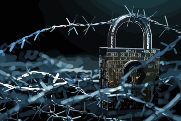 Massive Padlock Entangled in Barbed Wire Guarding Secrets and Data, Reliable Firewall Protection
