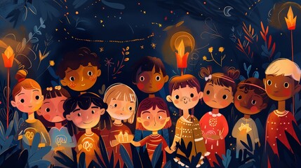 Illustration of a diverse group of children gathered at night, surrounded by lanterns, stars, and glowing plants in a whimsical scene.