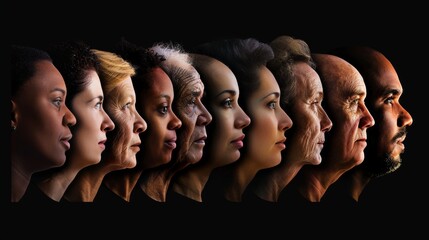 The human face, made from different portraits of different people of diverse ages, genders, and races over a black background, represents social equality, human rights, freedom, diversity, and