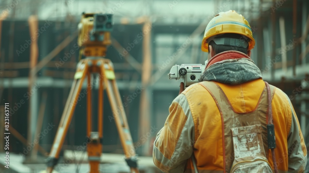 Poster using theodolite for angular measurements in horizontal and vertical planes. hard hatted worker maki