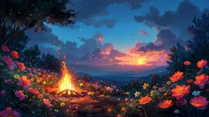 Summer Time, Pastel Flowers and Campfire Evening: An illustration of an evening campfire surrounded by pastel-colored flowers, with campers enjoying a peaceful spring night. Illustration image,