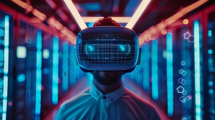 Male Caucasian IT server specialist working in data center wearing futuristic VR helmet and displaying cloud servers hexahedron icons.