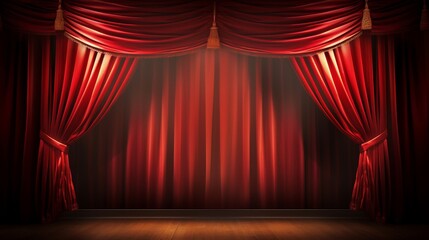Stage in a theatre. Theater red velvet curtains.