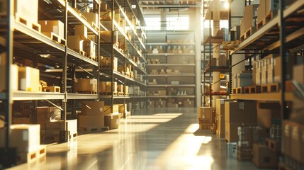 This is a huge retail warehouse near a sunny street with goods sitting on shelves in cardboard boxes. This warehouse is part of the logistics and distribution center for further product delivery
