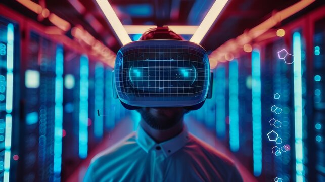 Male Caucasian IT server specialist working in data center wearing futuristic VR helmet and displaying cloud servers hexahedron icons.