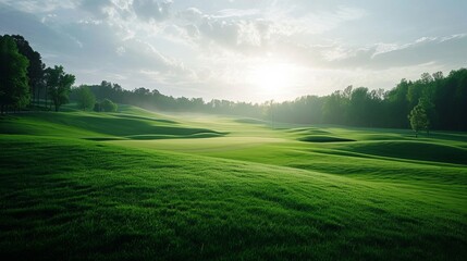 Beautiful golf field, green field, tree and blue sky. Great as a background.