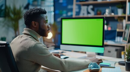 An attractive black African American project manager is making a video call on a desktop computer with green screen mockup on his desk in a busy creative office. He is wearing a turtle neck sweater - Powered by Adobe