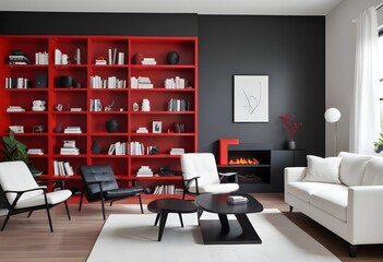 Luxury home living room interior with table and chairs, shelf, and mockup wall. 3D rendering