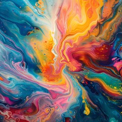 Vibrant abstract painting with a swirl of colors, including blue, red, orange, and yellow, creating an energetic and dynamic composition.