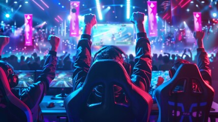 The Esport Team enters the video game championship arena. A huge crowd cheers for their favorite players at the Cyber Games Tournament Event. This entertainment is streamed online.