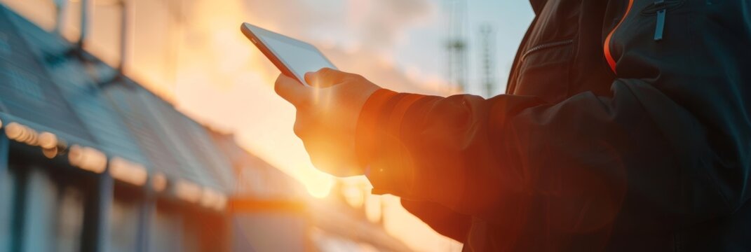 On a sunny day, a young engineer holds a digital tablet and a solar panel
