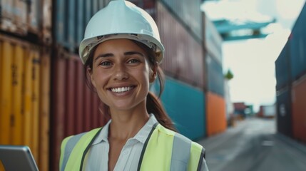 A charming portrait of a female industrial engineer wearing a white hat and high-visibility vest working on a tablet computer in a container terminal.