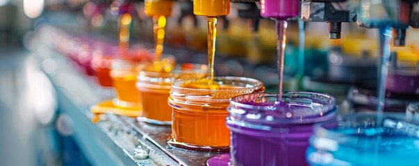 Resin production in a factory, featuring vibrant liquid resin colors and focusing on the machines and pouring process.