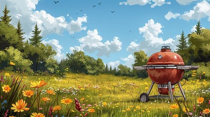 Summer Time, Pastel-colored BBQ Grill in Blooming Meadow: A cheerful drawing of a pastel-colored BBQ grill set in a blooming meadow, ready for a spring cookout. Illustration image,