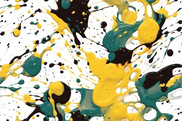 Abstract image showcasing bold splashes of yellow, black, and teal paint on a white background