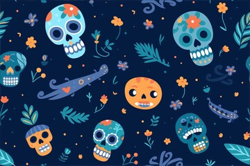 Day of the Dead skulls pattern. Dia de los muertos print. Day of the dead and mexican Halloween texture