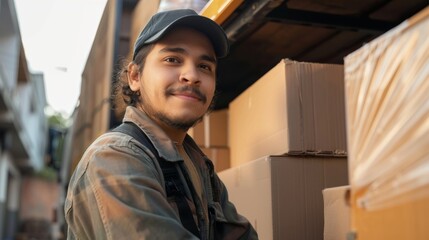 Fab Latino worker stacks cardboard boxes into delivery truck. Delivering online orders, e-commerce goods, foods, medicines. Tired frontline hero working hard.