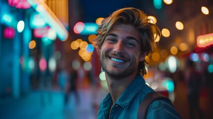 Stylish young man with stylish hair, smiling and looking at camera, with bad bokeh neon lights in background. Close-up portrait of self-assured young man with stylish hair.