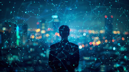 Smart city background with a businessman interacting with virtual network connections