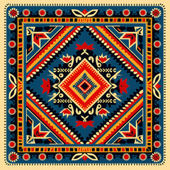 print design in the style of ethnic carpet patterns, Aztec art and African textile designs. Red blue yellow orange