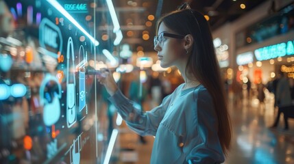 Female customer using 3D Augmented Reality Digital Interface in Modern Shopping Center. Shopper is choosing Fashionable Bags, Stylish Garments in Clothing Store. Innovation VFX Concept.