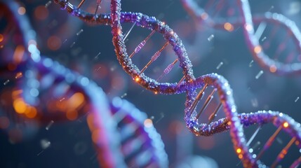 Stunning visual of multiple DNA strands interlocking, illuminated in vibrant purple and orange colors against a dark background.